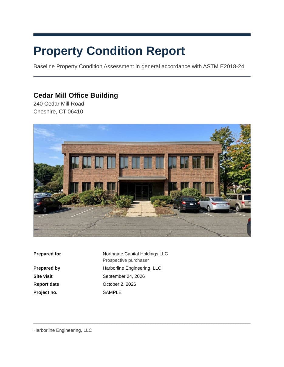 Cover of the sample Property Condition Report for Cedar Mill Office Building