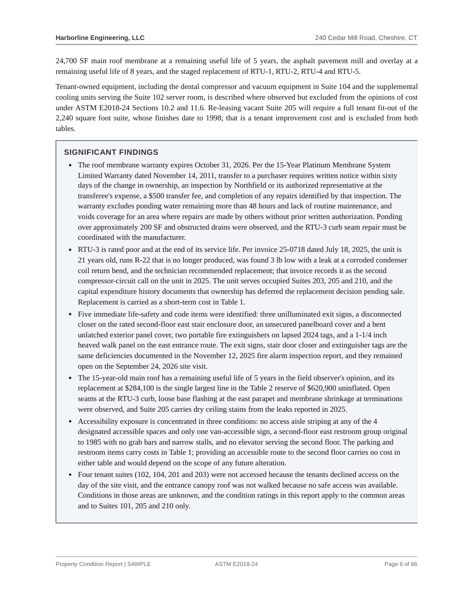 Executive summary page of the sample report with the significant findings box